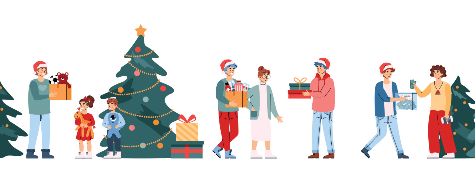 A shutterstock graphic of cartoon people sharing gifts and holiday cheer with each other.