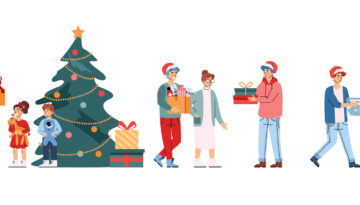 A shutterstock graphic of cartoon people sharing gifts and holiday cheer with each other.