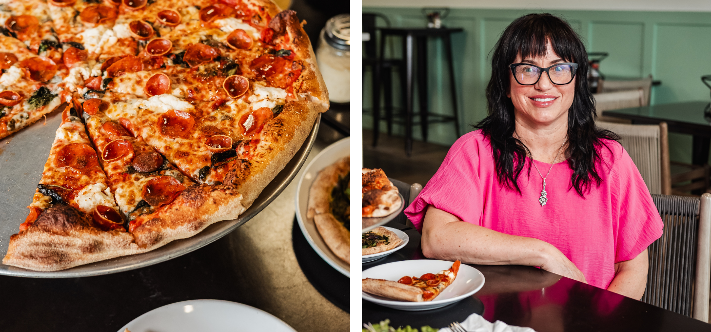 A collage of two images: on the left, a close up of a sliced specialty pizza from Saucy Mama's with one piece missing and set on a separate plate. On the right, owner Pam Chavez sits posing at a table with a slice of pizza in front of her.