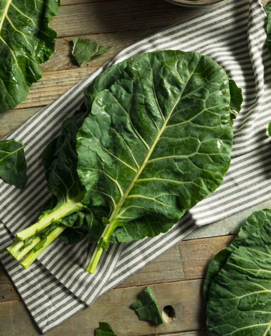 A close up photo of collard greens.