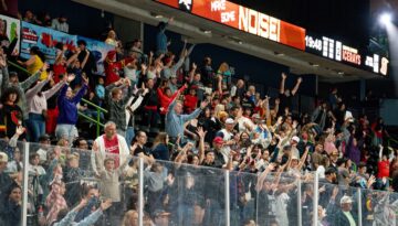 A packed fan section at the Corpus Christi IceRays game at the Hilliard Center.