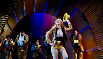 The cast of "A Chorus Line" on stage at the Harbor Playhouse in Corpus Christi, Texas.