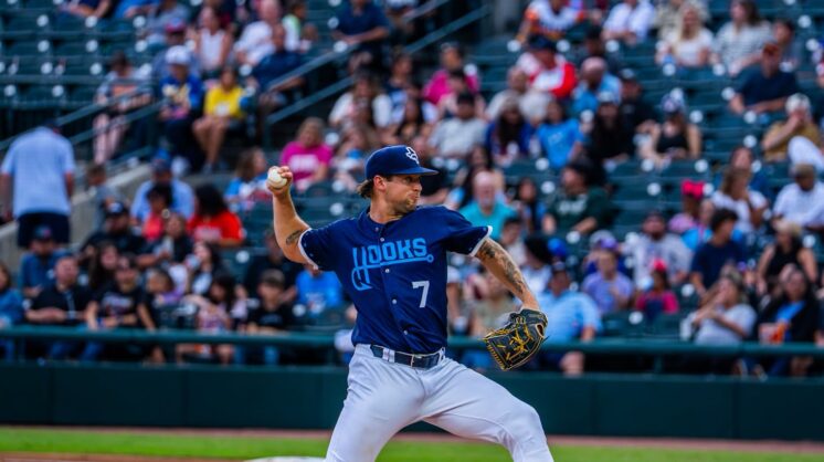 Corpus Christi Hooks 2026 pitcher throwing the ball at Whataburger Field.