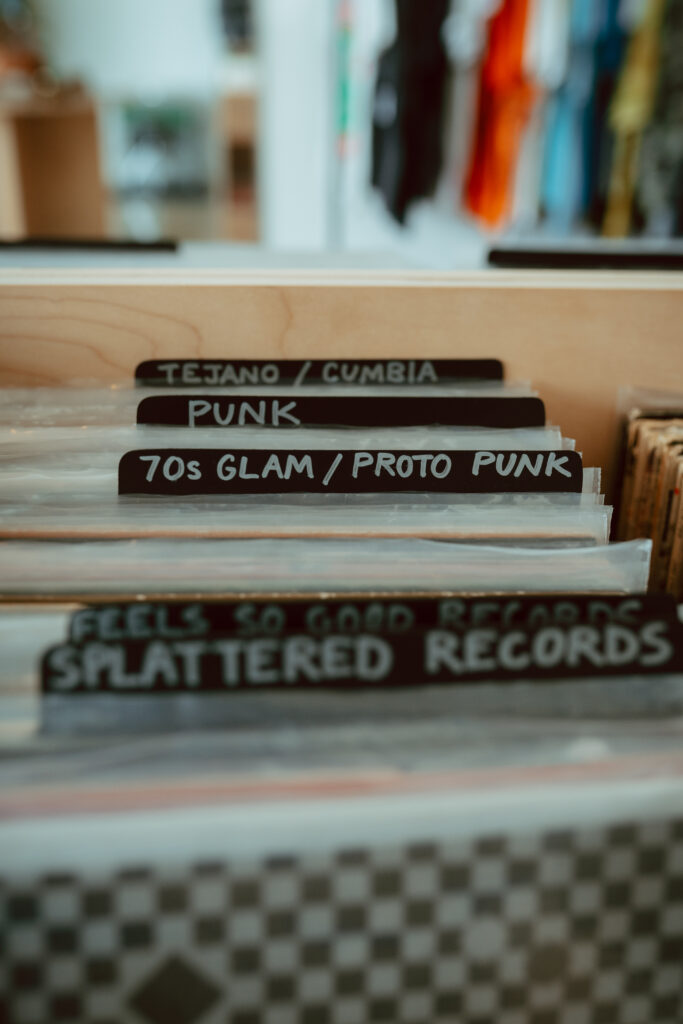 A record crate at Needles & Fins in Corpus Christi, Texas.